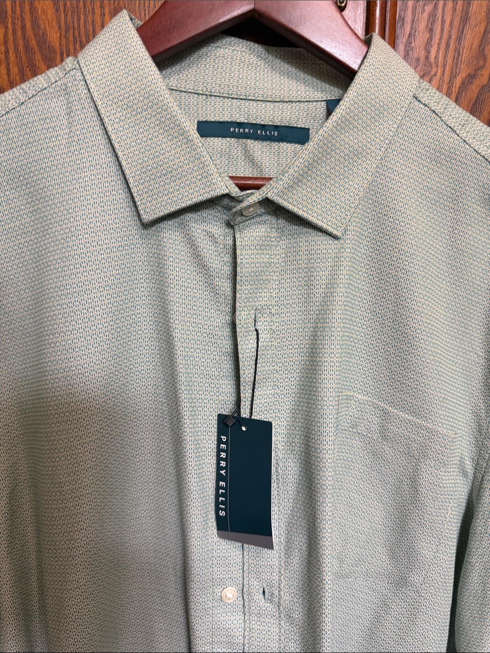 NWT Perry Ellis Men's Green Micro-Pattern Button-Down Shirt XXL